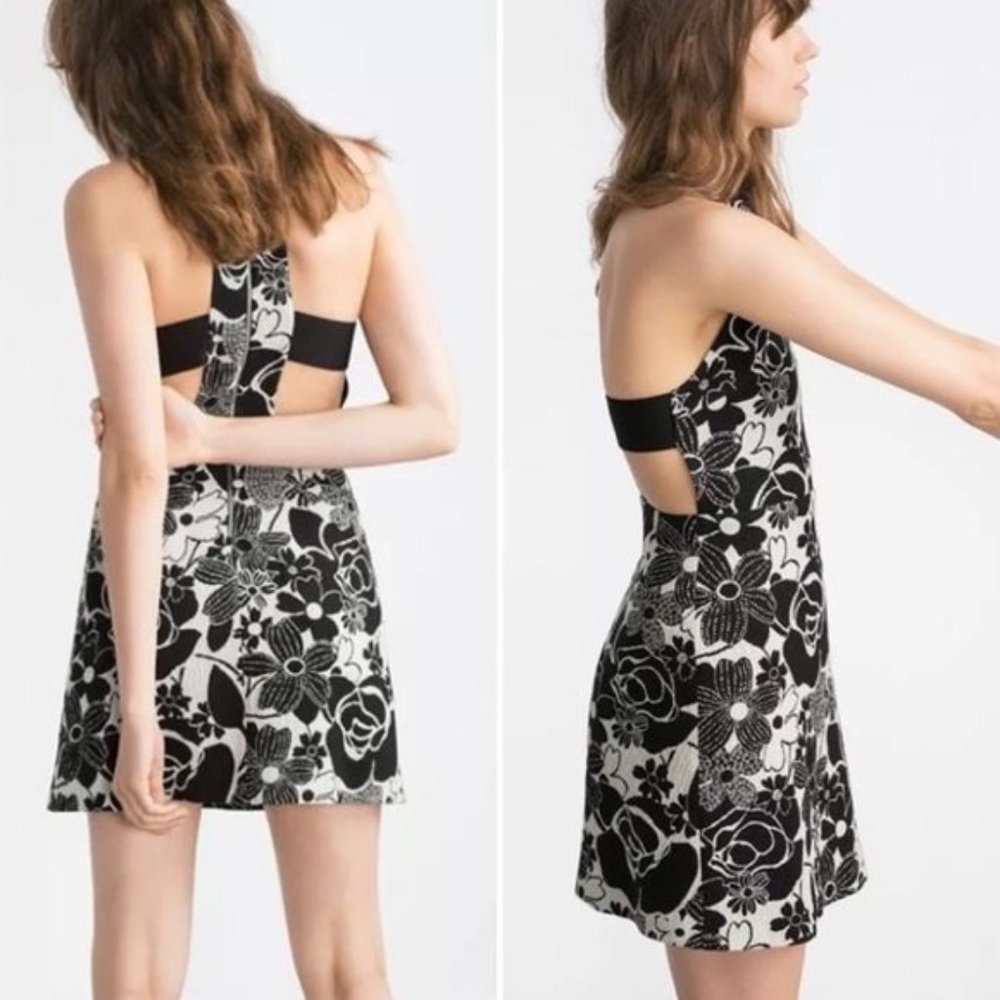 NWT ZARA Black &White Floral Tapestry Cut Out Mini Dress, size S